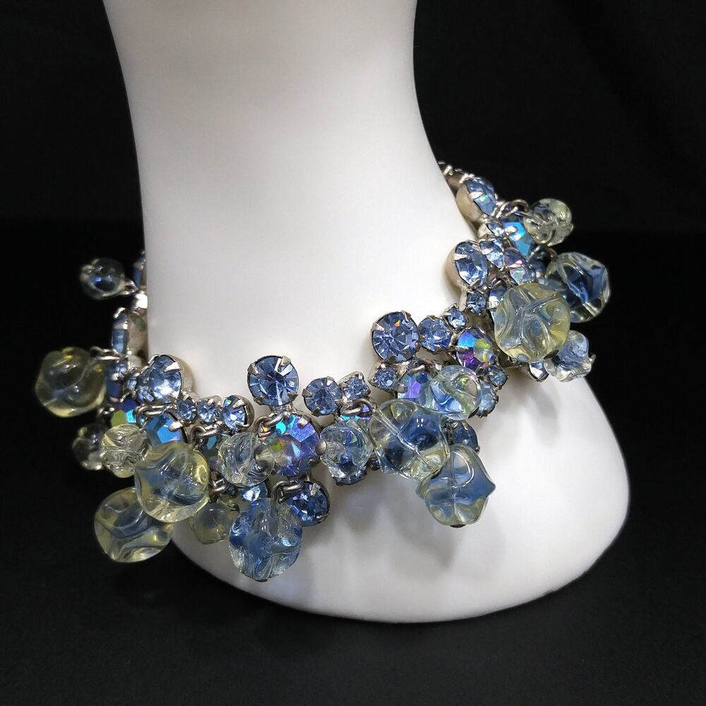Light Blue AB Rhinestone Bracelet, Glass Dangle Clear Beads, Rhodium Plated